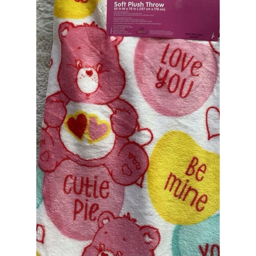 Care Bears Love A Lot Bear Throw Blanket 50 X 70” Conversation Hearts Valentines